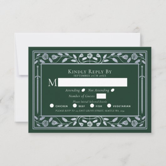 Silver Green Medieval Sword Wedding RSVP (Vorderseite)