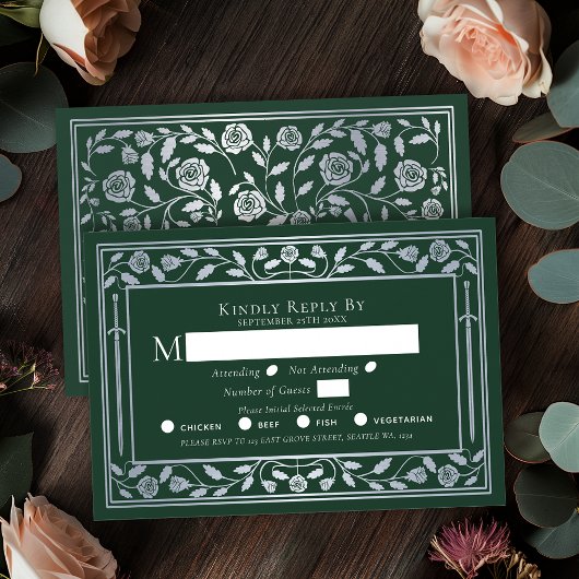 Silver Green Medieval Sword Wedding RSVP Karte