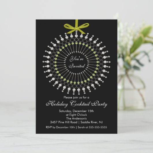 Silver & Green Ornament Cocktail Weihnachten Party Einladung (Stehend Vorderseite)