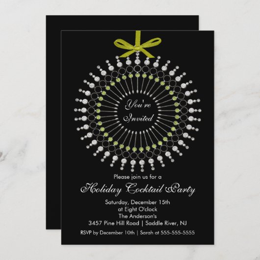 Silver & Green Ornament Cocktail Weihnachten Party Einladung (Vorne/Hinten)