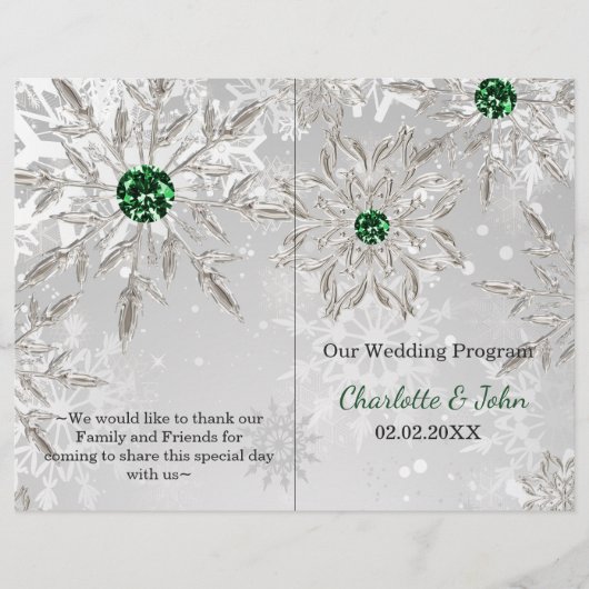 Silver Green Snowflake Winter Wedding Programm (Vorderseite)