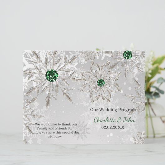 Silver Green Snowflake Winter Wedding Programm (Stehend Vorderseite)