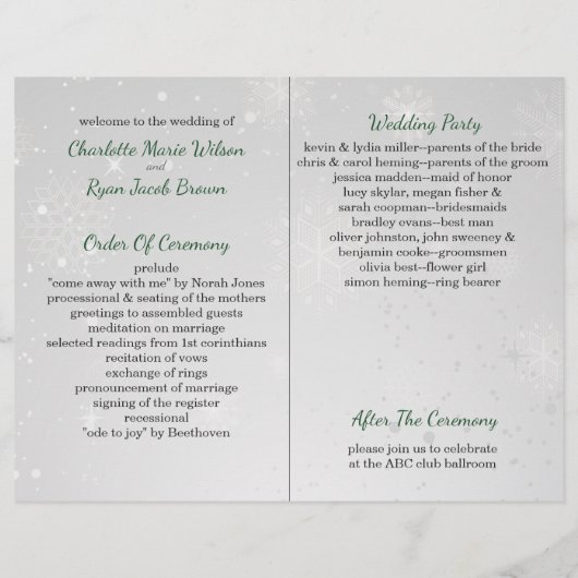 Silver Green Snowflake Winter Wedding Programm (Rückseite)