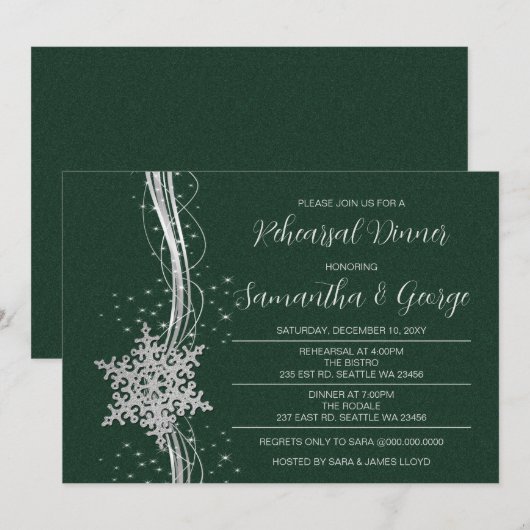 Silver Green Snowflakes Winter Probe Abendessen Einladung (Vorne/Hinten)