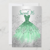 Silver Green Sparkle Dress Sweet 16 Geburtstag Einladung (Vorderseite)