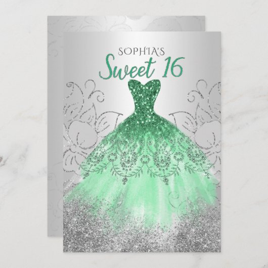 Silver Green Sparkle Dress Sweet 16 Geburtstag Einladung (Vorne/Hinten)