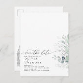 Silver Greenery Modern Elegant Save the Date Ankündigungspostkarte (Vorne/Hinten)