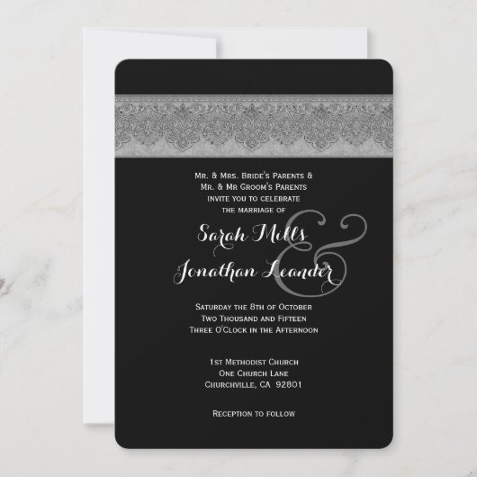 Silver Grey and Black Damask Wedding Template V07 Einladung (Vorderseite)