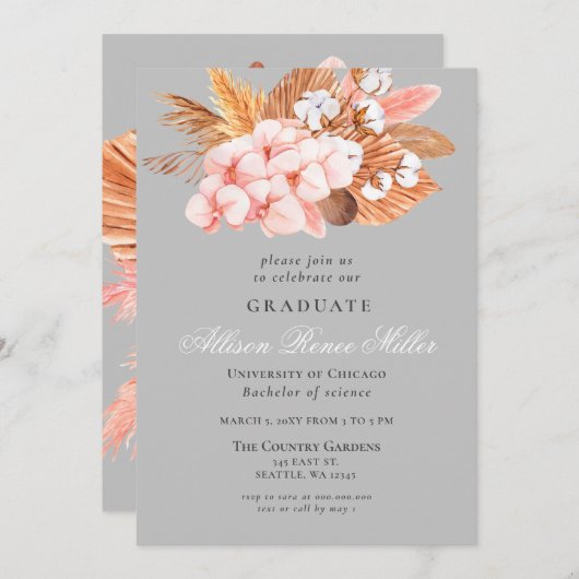 Silver Grey Boho Pampas Floral Graduation Party Einladung (Vorne/Hinten)