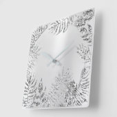 Silver Grey Floral Palm Monochrom Metallic Glitter Quadratische Wanduhr (Winkel)