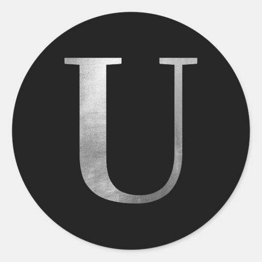 Silver Grey Foil Monogramm U auf schwarz Runder Aufkleber (Vorderseite)