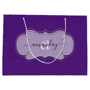 Silver Grey Gerahmt Royal Monogram Name Lila Plum Große Geschenktüte