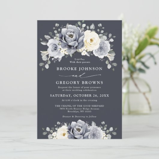 Silver Grey Ivory Floral Winter Rustic Wedding Inv Einladung (Stehend Vorderseite)