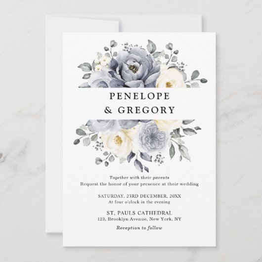 Silver Grey Ivory Floral Winter Rustikale Hochzeit Einladung (Vorderseite)