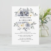 Silver Grey Ivory Floral Winter Rustikale Hochzeit Einladung (Stehend Vorderseite)