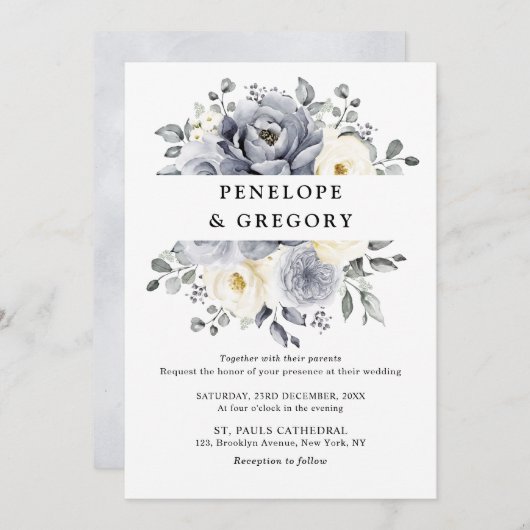 Silver Grey Ivory Floral Winter Rustikale Hochzeit Einladung (Vorne/Hinten)