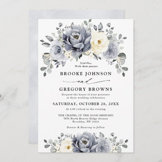 Silver Grey Ivory Floral Winter Rustikale Hochzeit Einladung (Vorne/Hinten)