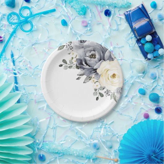 Silver Grey Ivory Floral Winter Rustikale Hochzeit Pappteller (Party)