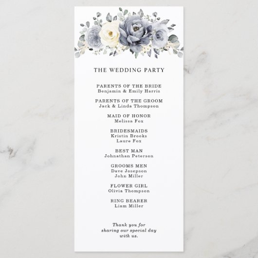 Silver Grey Ivory Floral Winter Rustikale Hochzeit Programm (Rückseite)