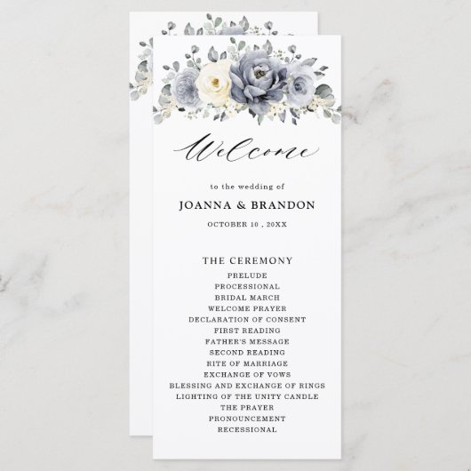 Silver Grey Ivory Floral Winter Rustikale Hochzeit Programm (Vorne/Hinten)