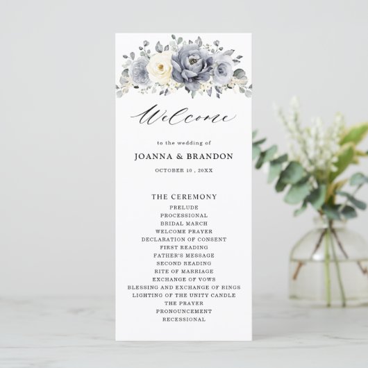 Silver Grey Ivory Floral Winter Rustikale Hochzeit Programm (Stehend Vorderseite)