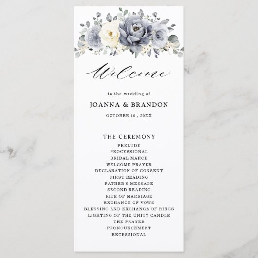 Silver Grey Ivory Floral Winter Rustikale Hochzeit Programm (Vorderseite)