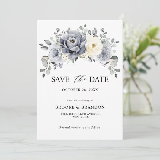 Silver Grey Ivory Floral Winter Rustikale Hochzeit Save The Date (Stehend Vorderseite)