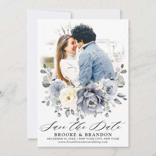 Silver Grey Ivory Floral Winter Rustikale Hochzeit Save The Date (Vorderseite)