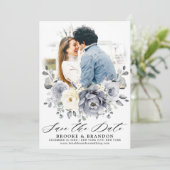 Silver Grey Ivory Floral Winter Rustikale Hochzeit Save The Date (Stehend Vorderseite)