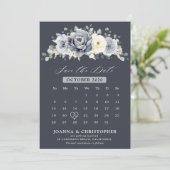 Silver Grey Ivory Floral Winter Rustikaler Kalende Save The Date (Stehend Vorderseite)