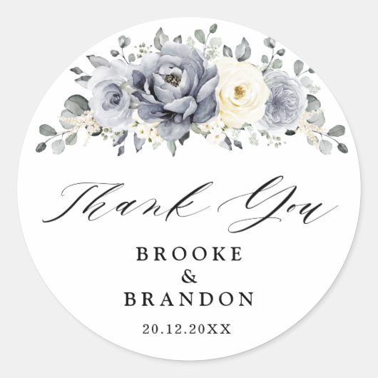 Silver Grey Ivory Floral Winter Wedding Danke Runder Aufkleber (Vorderseite)