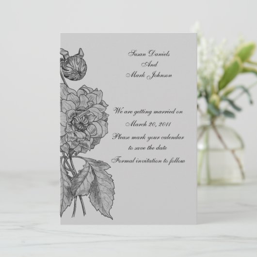 Silver Grey Peony Floral Wedding Save the Date Einladung (Stehend Vorderseite)