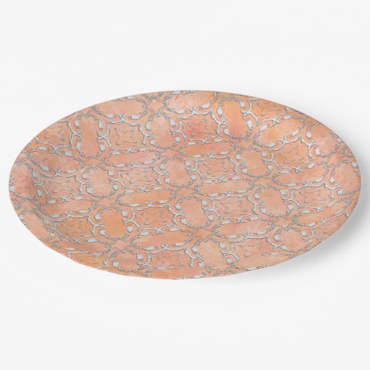 Silver Grey Pink Orange Metallic Filagree Pattern Pappteller (Schrägansicht)