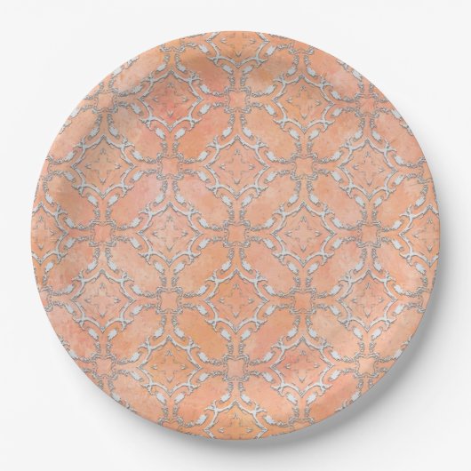 Silver Grey Pink Orange Metallic Filagree Pattern Pappteller (Vorderseite)