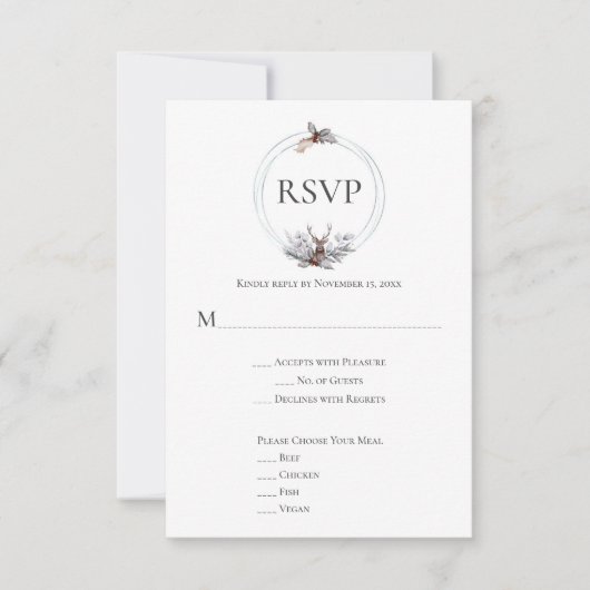 Silver Grey Rust Navy Deer Antler Wedding RSVP Karte (Vorderseite)