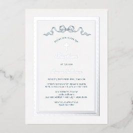 Silver Griechischer Rahmen Dusty Blue Bow Taufe Folieneinladung