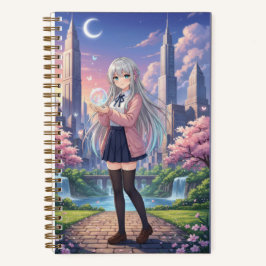 Silver Hair Anime Girl & Glowing Butterfly Orb Notizblock