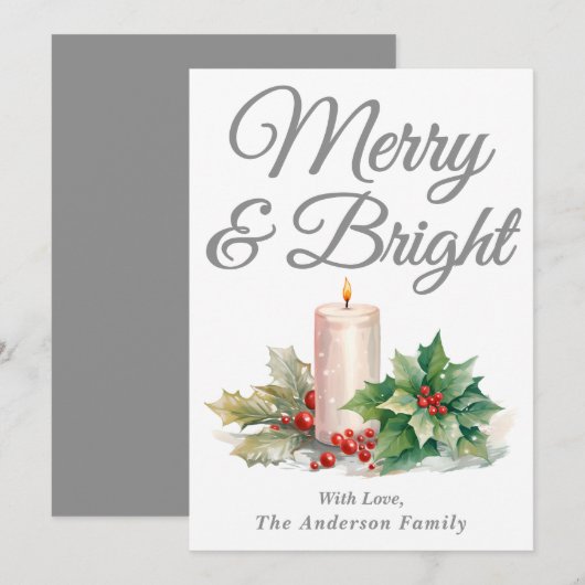 Silver Handgeschriebenes Skript Merry & Bright Feiertagskarte (Vorne/Hinten)