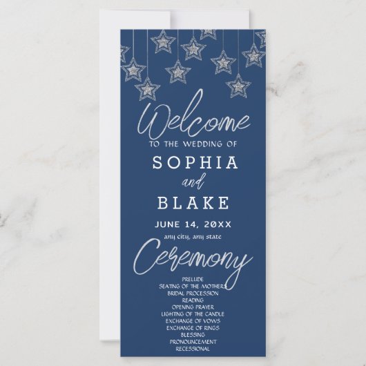 Silver Hanging Stars Dark Blue Wedding Program (Vorderseite)