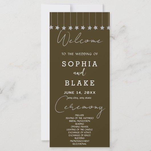 Silver Hanging Stars Dark Brown Wedding Program (Vorderseite)