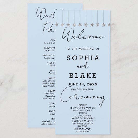 Silver Hanging Stars Light Blue Wedding Program (Vorne/Hinten)