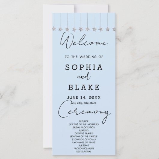 Silver Hanging Stars Light Blue Wedding Program (Vorderseite)