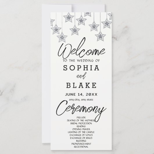 Silver Hanging Stars Off White Wedding Programm (Vorderseite)