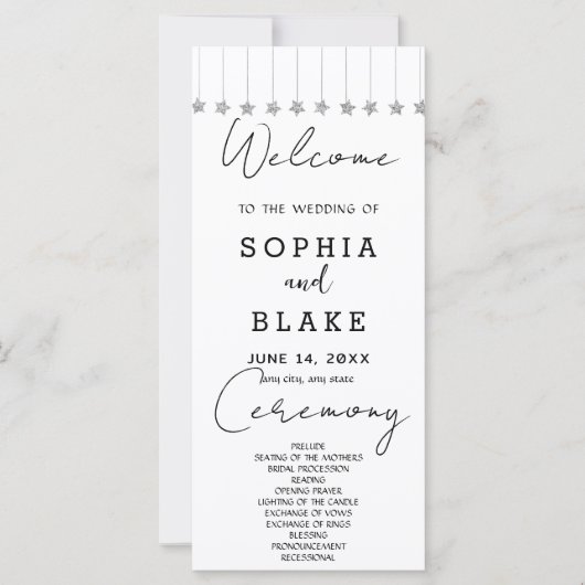 Silver Hanging Stars White Wedding Program (Vorderseite)