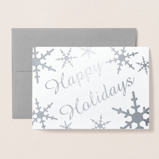 Silver Happy Holidays Script Snowflakes Folienkarte