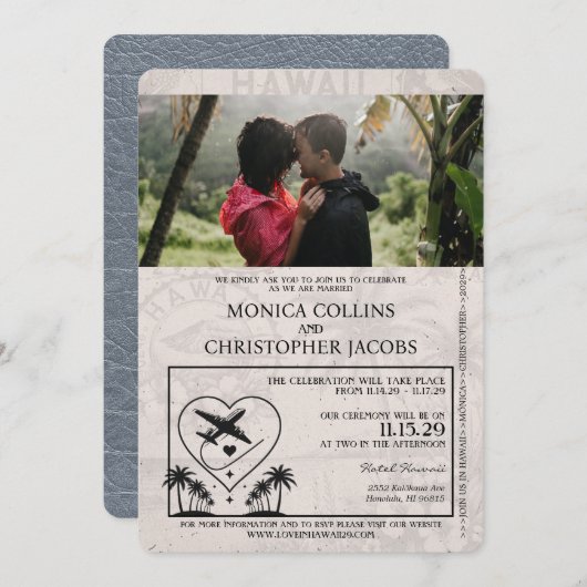 Silver Hawaii Passport Wedding Einladung (Vorne/Hinten)