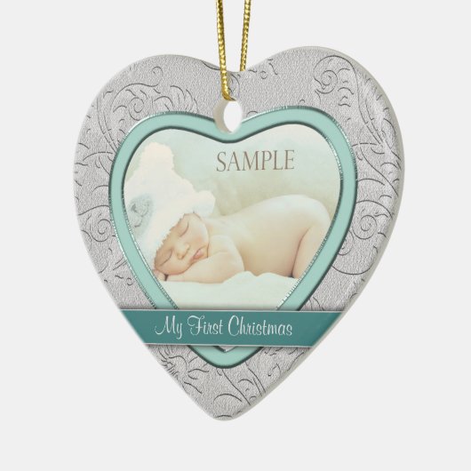 Silver Heart Aquamarin Swirl Baby First Christmas Keramikornament (Links)