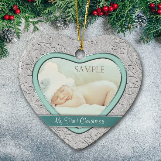 Silver Heart Aquamarin Swirl Baby First Christmas Keramikornament