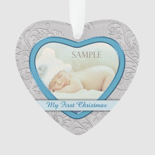 Silver Heart Blue Baby Boy Erste Weihnachten Ornament (Vorderseite)