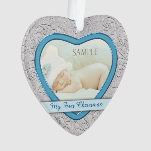 Silver Heart Blue Baby Boy Erste Weihnachten Ornament (Vorderseite)